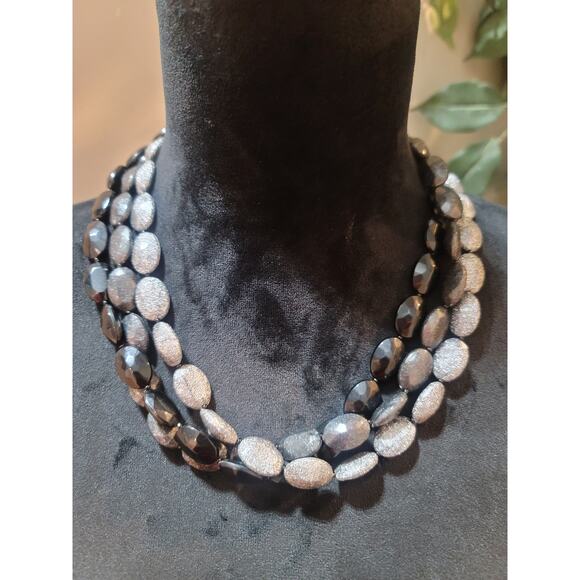 Women's Double Strand Black And Silver Beaded Necklace With Lobster Clasp Lock - Picture 1 of 6